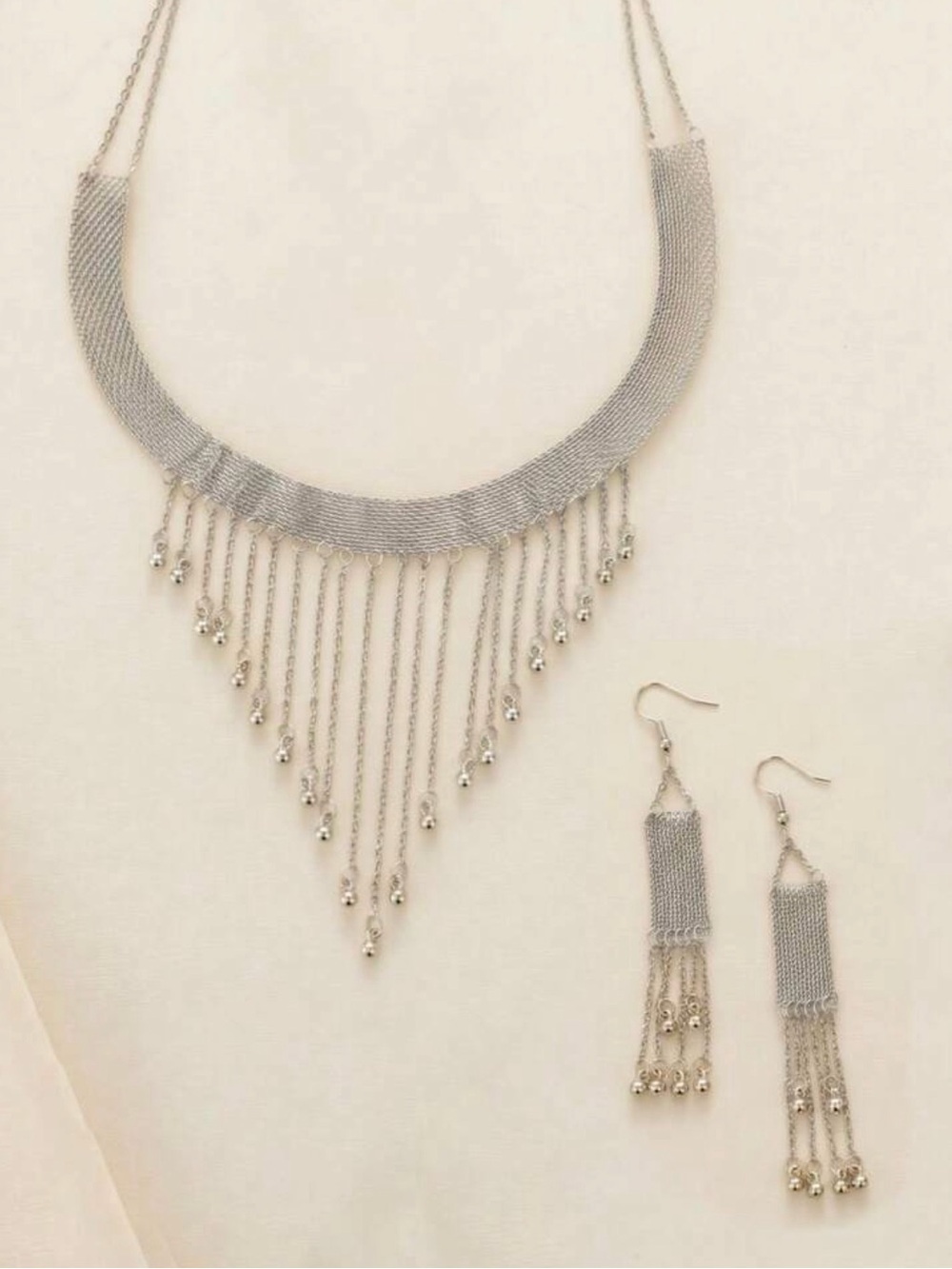 Silver Fringe Choker Necklace with Matching Earrings - Women's Jewelry - Picture 4 of 4